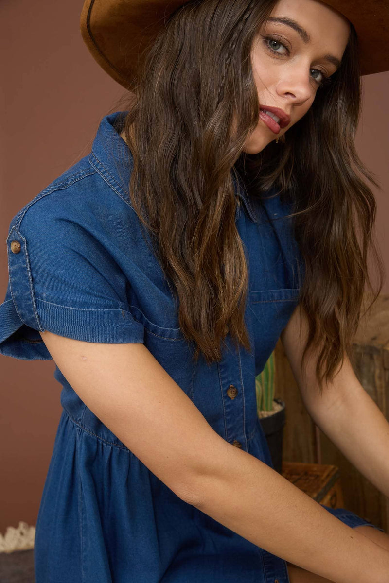 Dark Chambray Collared Button Down Shirt Dress