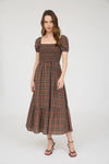 Plaid Smocked Puff Sleeve Ruffle Hem Midi Dress | Brown
