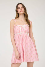 Floral Bow Pattern Tie Strap Mini Dress | Pink