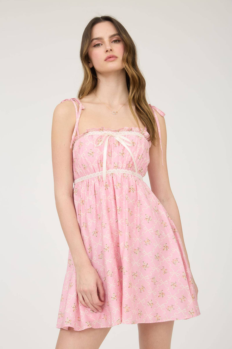 Floral Bow Pattern Tie Strap Mini Dress | Pink