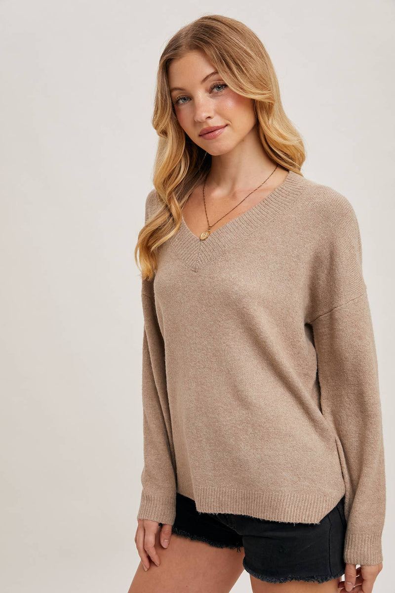V-Neck Soft Knit Sweater Pullover | Latte