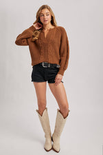 Split Neck Cable Sweater Pullover | Mocha