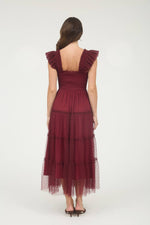Garden Party Polka Dot Chiffon Tiered Midi Dress | Burgundy