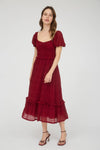 Shirred Chiffon Puff Sleeve Midi Dress | Deep Red
