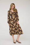 Fall Floral V-Neck Long Sleeve Button Midi Dress | Brown
