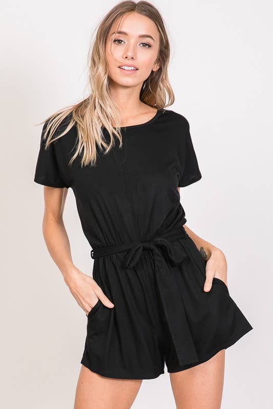 Curvy Solid Romper With Waist Belt | Black