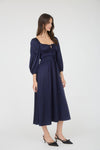 Satin Long Sleeve Shirred Waist Maxi Dress | Navy