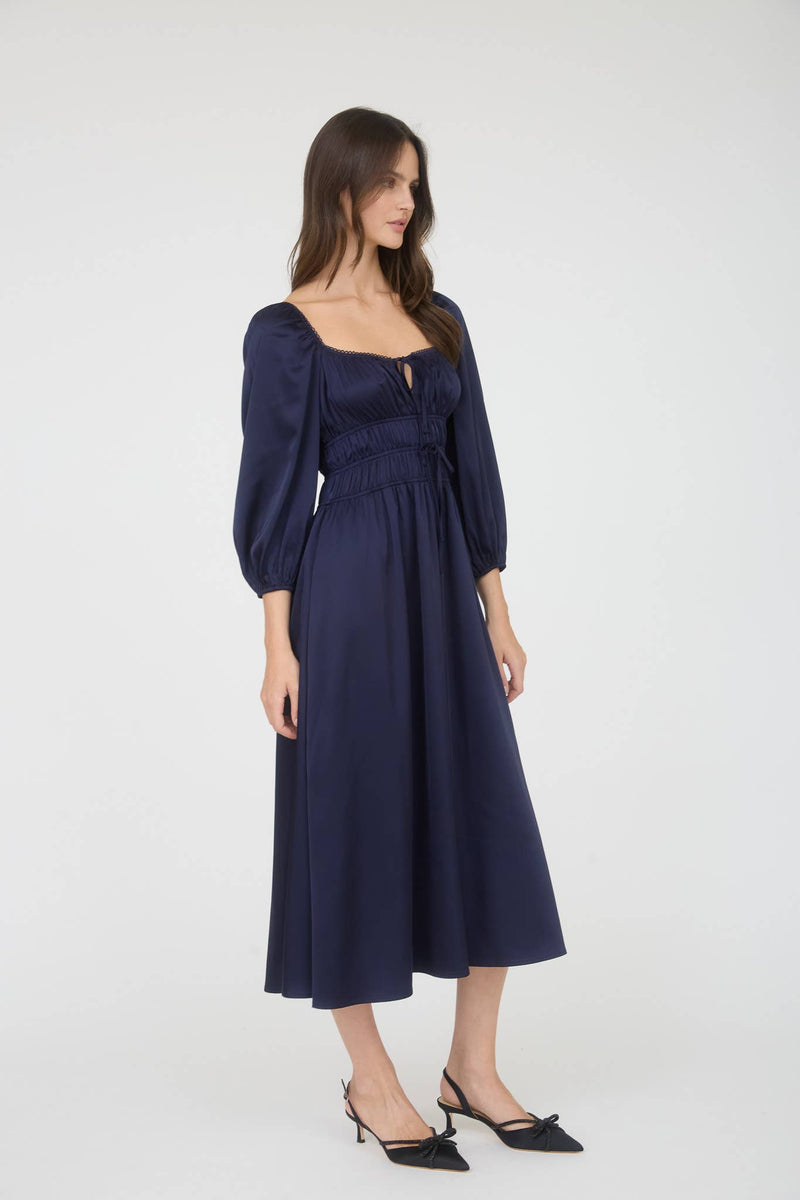 Satin Long Sleeve Shirred Waist Maxi Dress | Navy