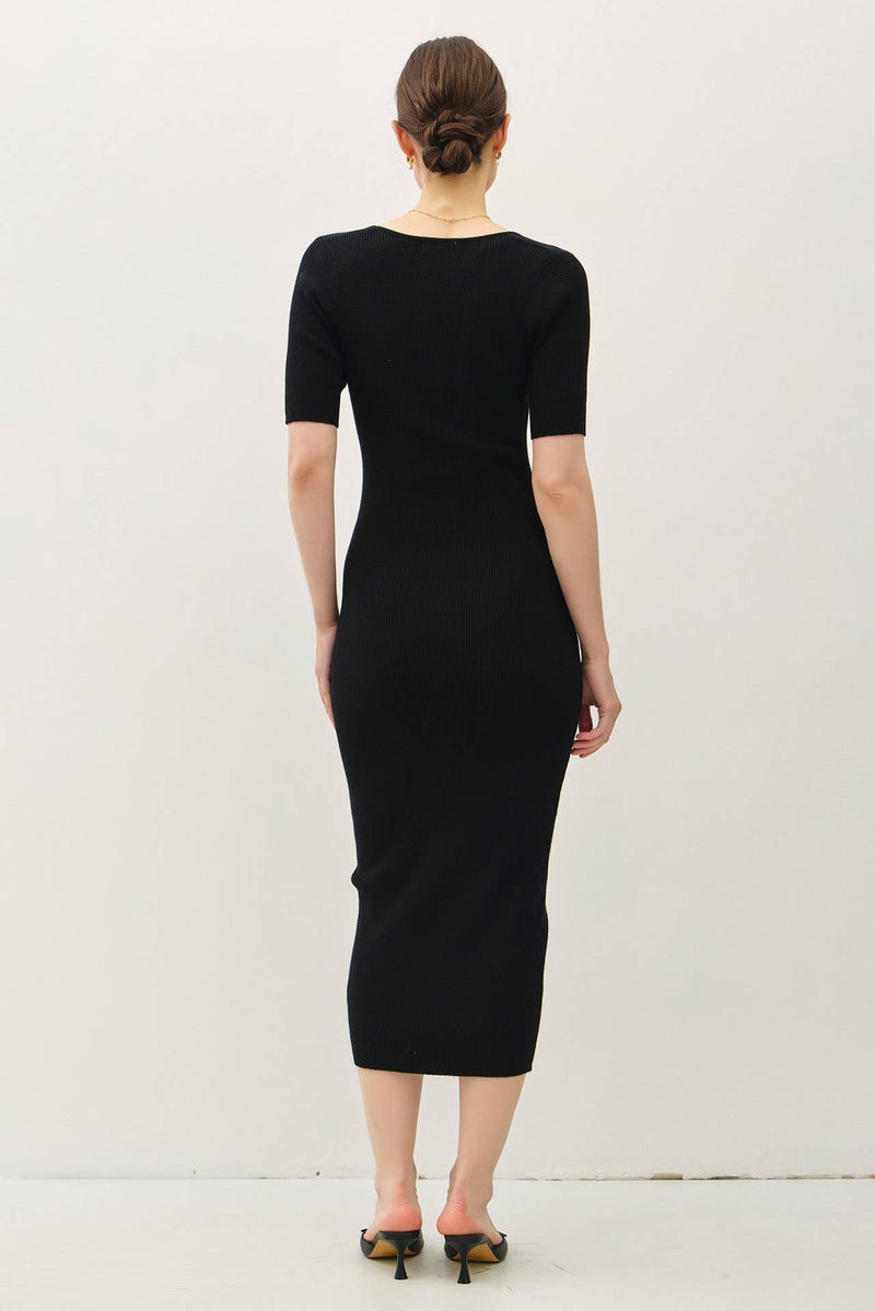 Square Neck Half Sleeve Body-con Sweater Dress | Black