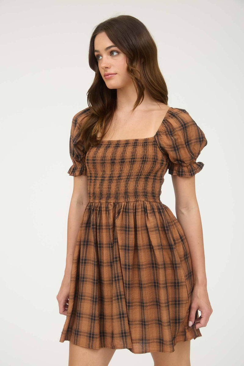 Plaid Smocked Puff Sleeve Mini Dress | Brown