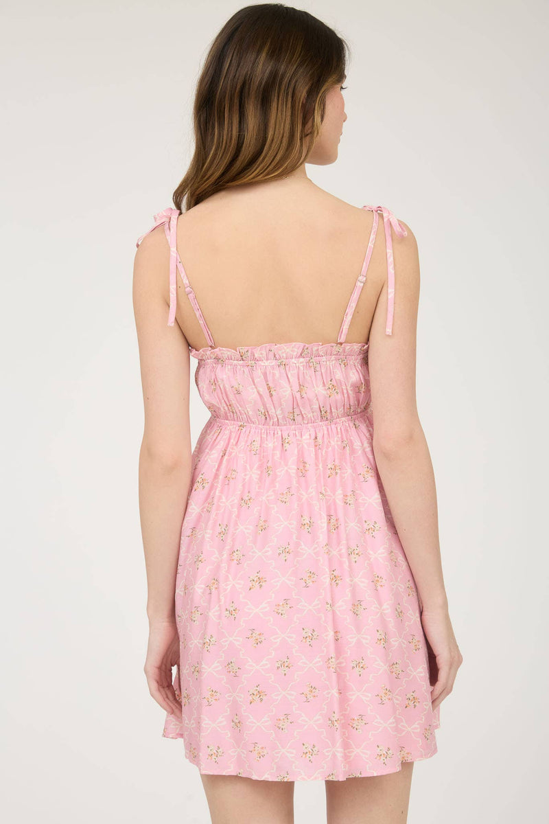Floral Bow Pattern Tie Strap Mini Dress | Pink