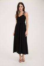 Sweetheart Smocked Bow Strap Midi Dress | Black