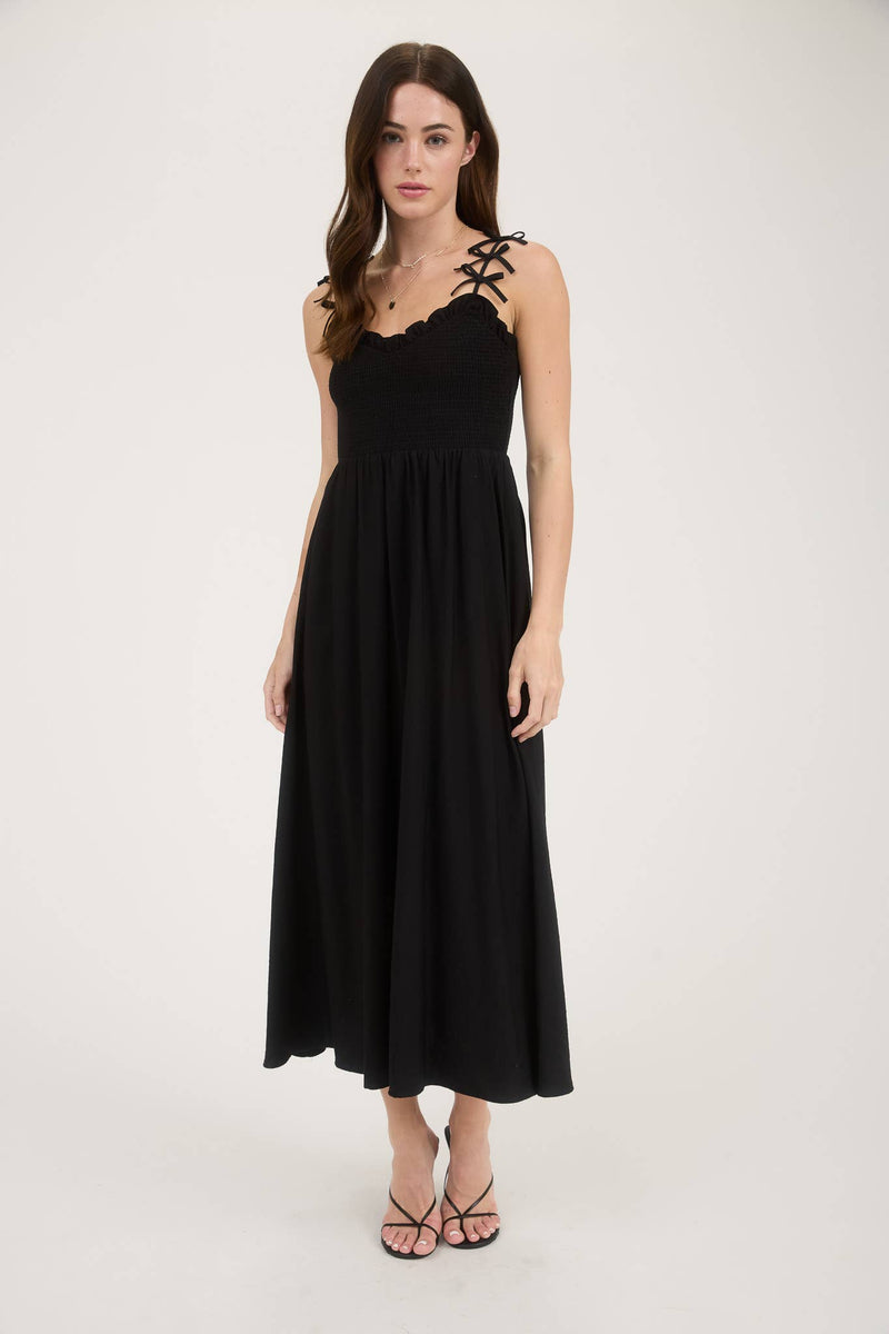 Sweetheart Smocked Bow Strap Midi Dress | Black