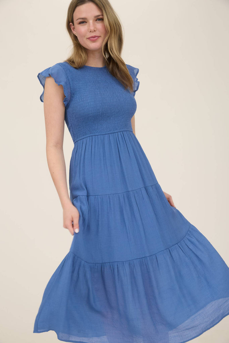 Smocked Tiered Midi Dress | Dusty Blue