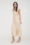 Josephina Shirred Waist Ruffle Sleeve Midi Dress | Khaki