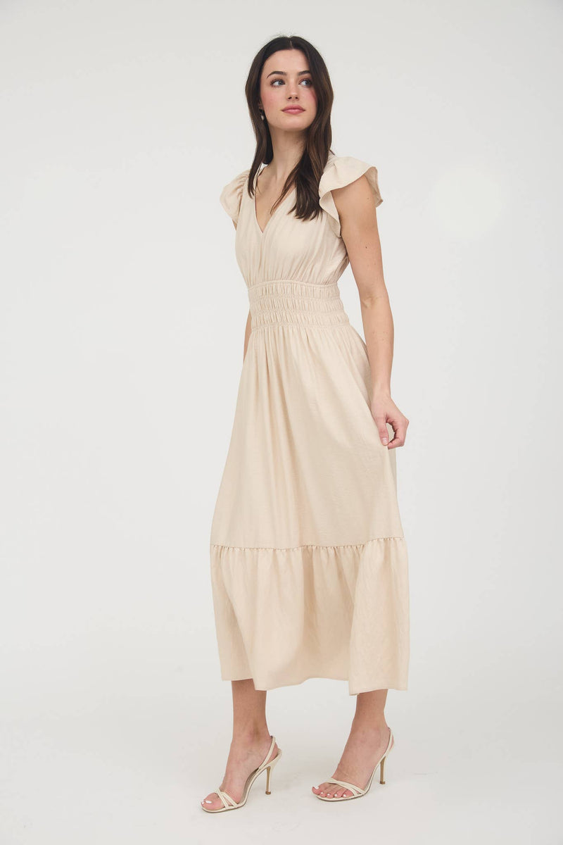 Josephina Shirred Waist Ruffle Sleeve Midi Dress | Khaki