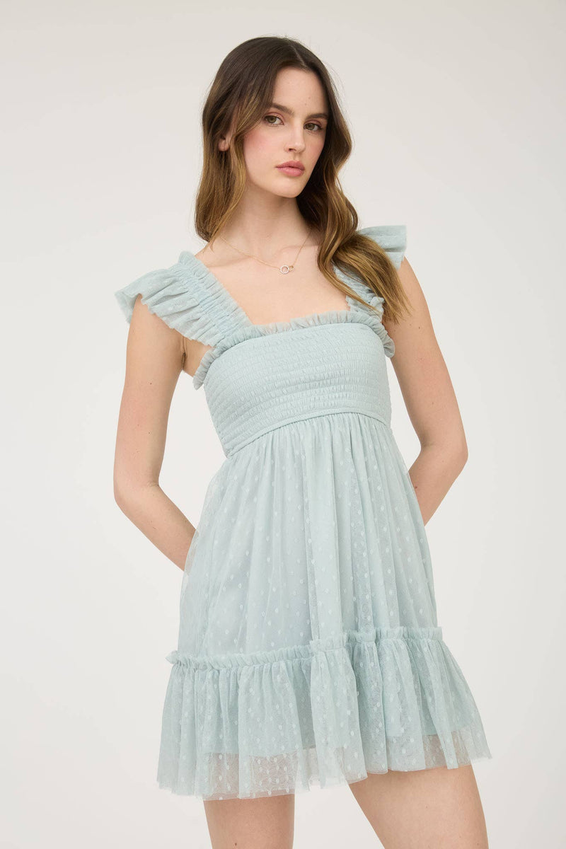 Garden Party Polka Dot Chiffon Tiered Mini Dress | Sage