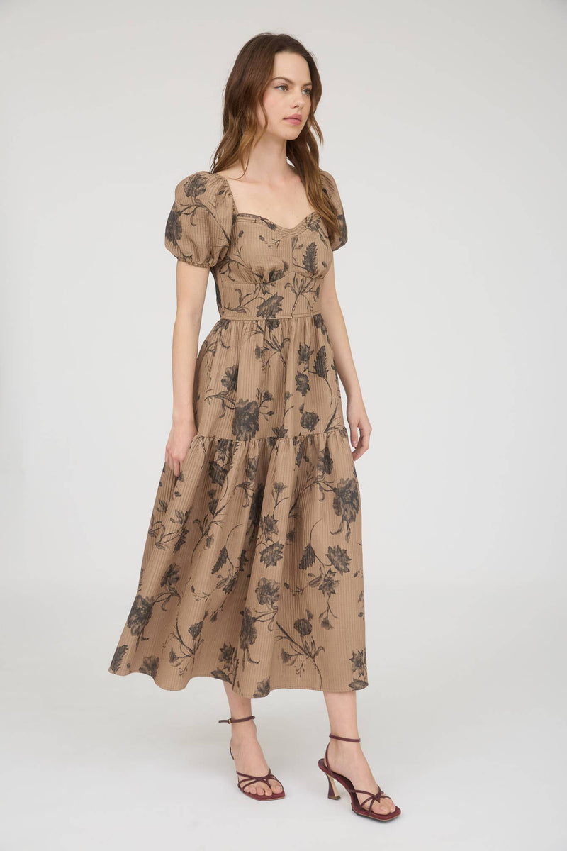 Textured Floral Sweetheart Neck Midi | Khaki