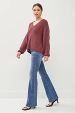 Chunky V-Neck Sweater | Wine