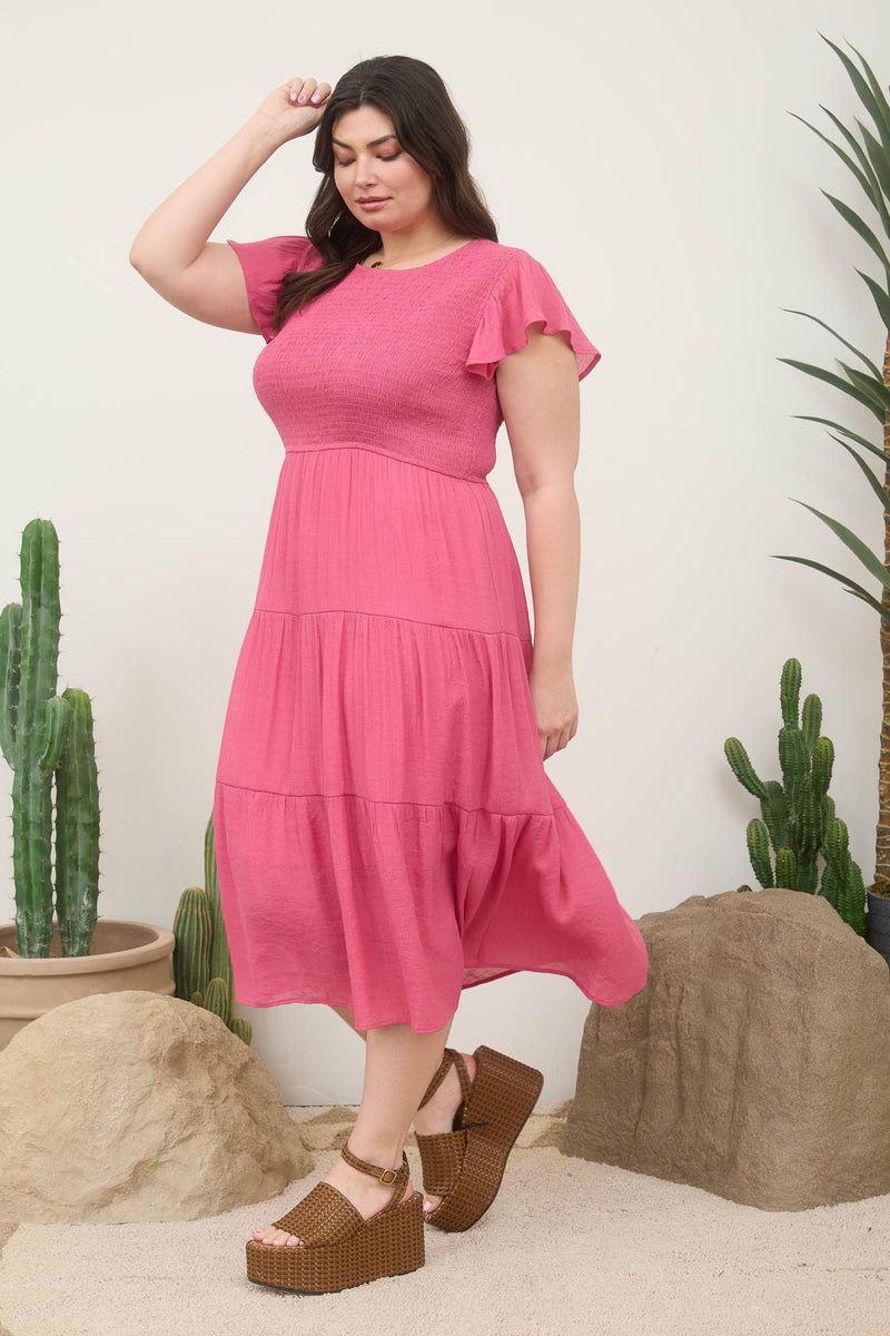 Curvy Smocked Tiered Midi Dress | Dusty Fuchsia