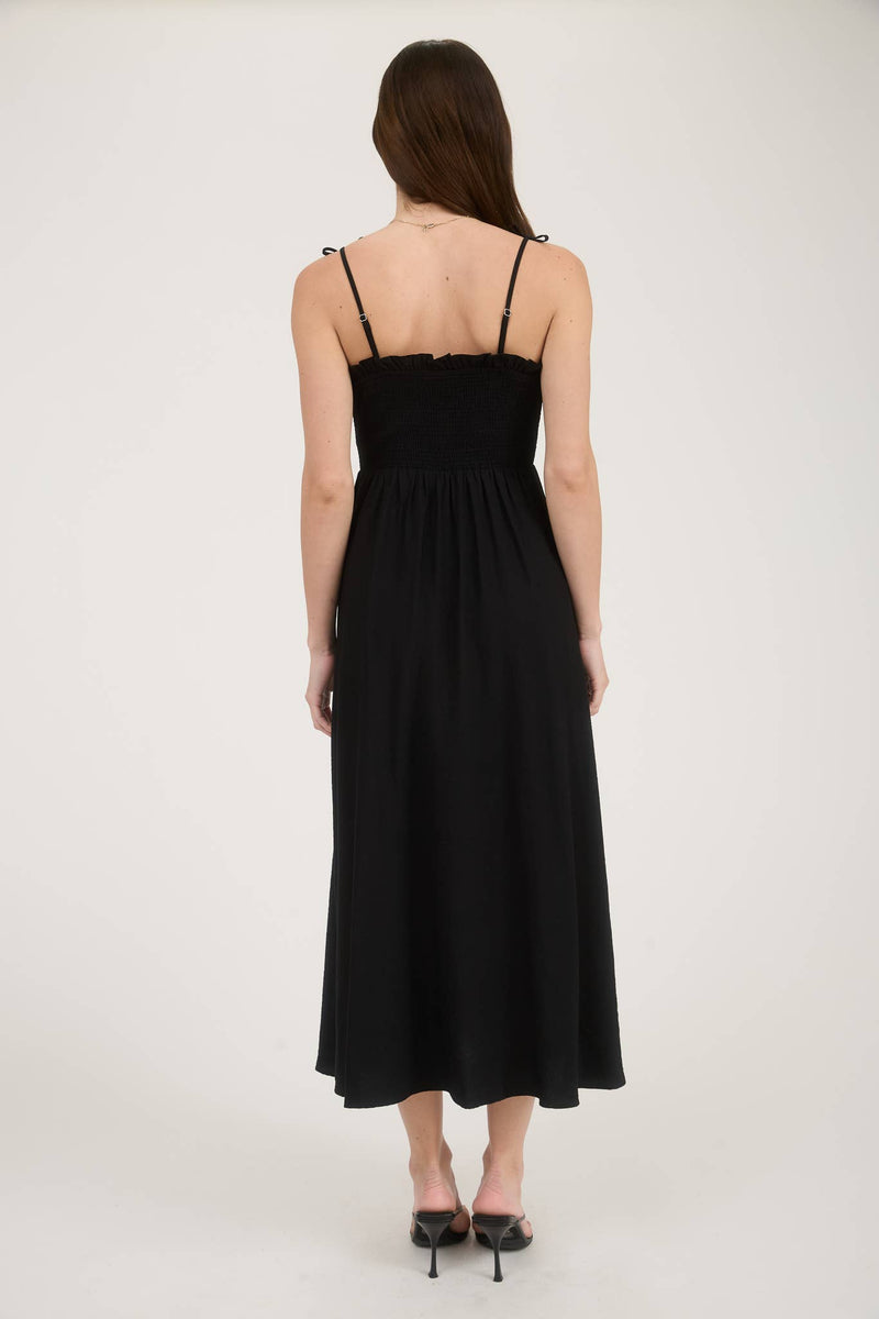 Sweetheart Smocked Bow Strap Midi Dress | Black