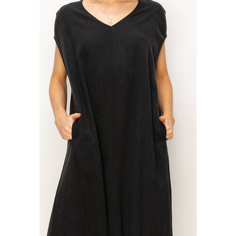V-Neck Oversized Linen Midi Dress | Black