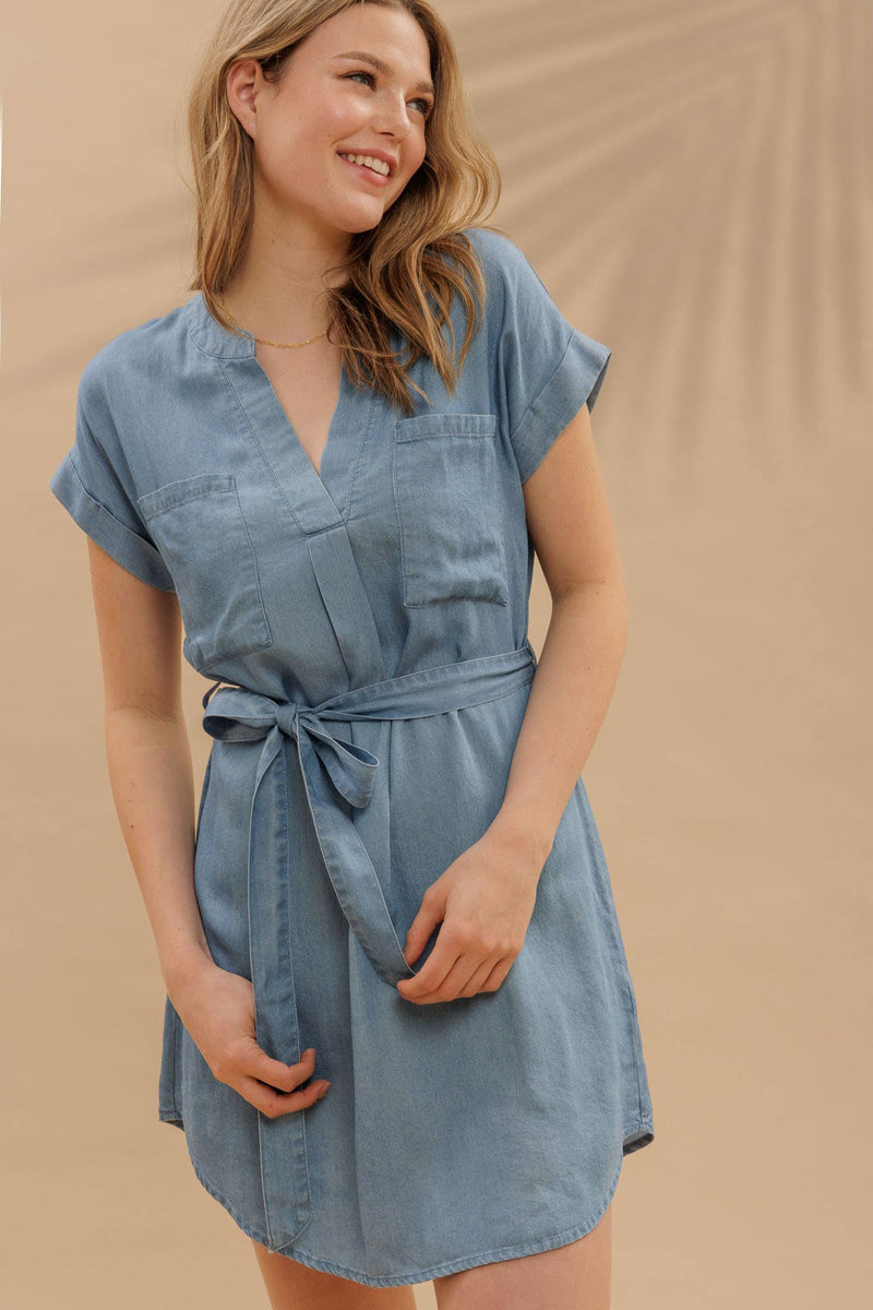 Belted Chambray Cuff Sleeve Shirt Dress