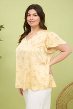 Curvy Floral Print V-Neck Scallop Satin Blouse | Yellow