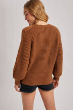 Split Neck Cable Sweater Pullover | Mocha
