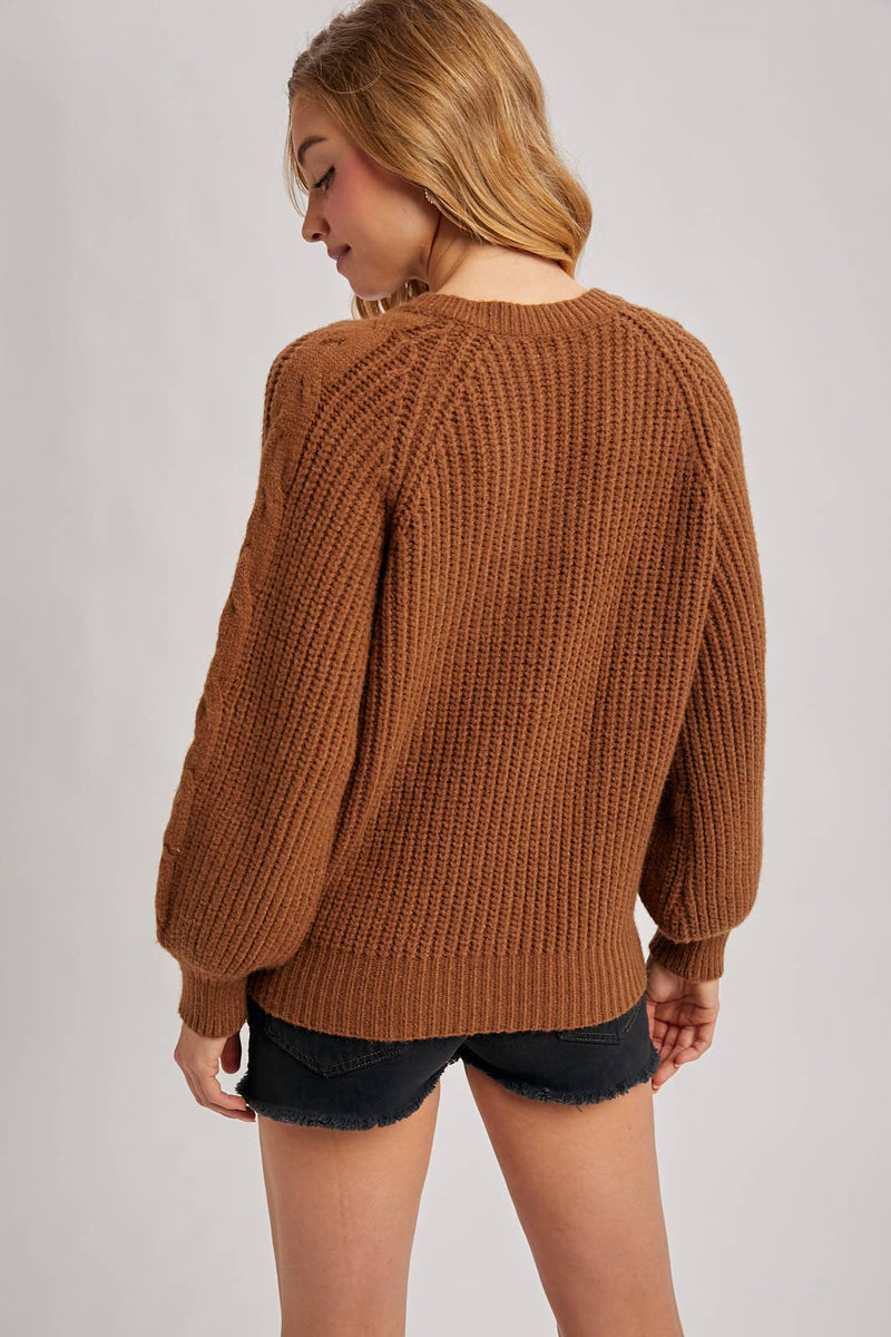 Split Neck Cable Sweater Pullover | Mocha