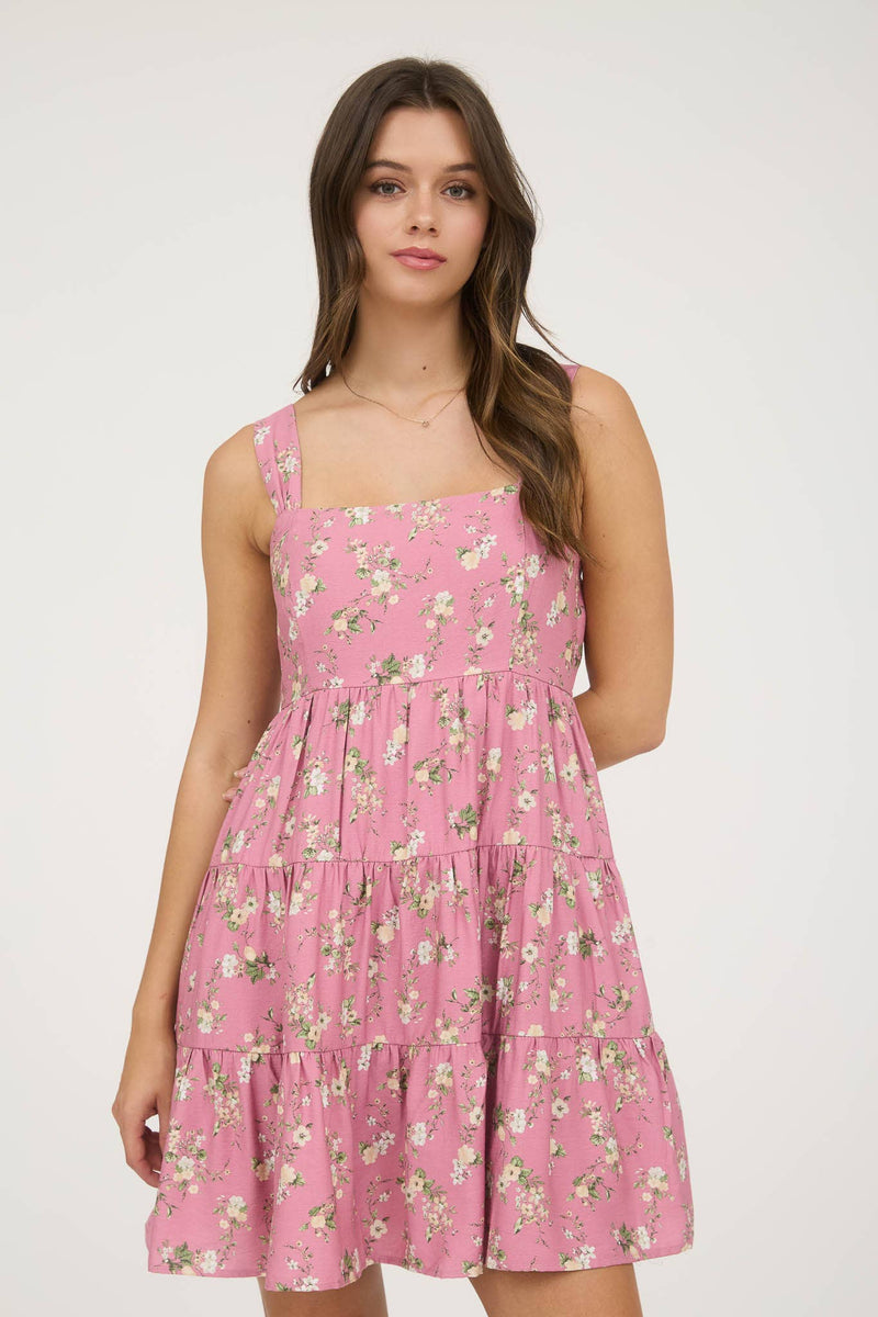 Floral Sleeveless Tiered Mini Dress | Dusty Fuchsia