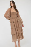 Long Sleeve Ruffle Tiered Midi Dress | Mocha