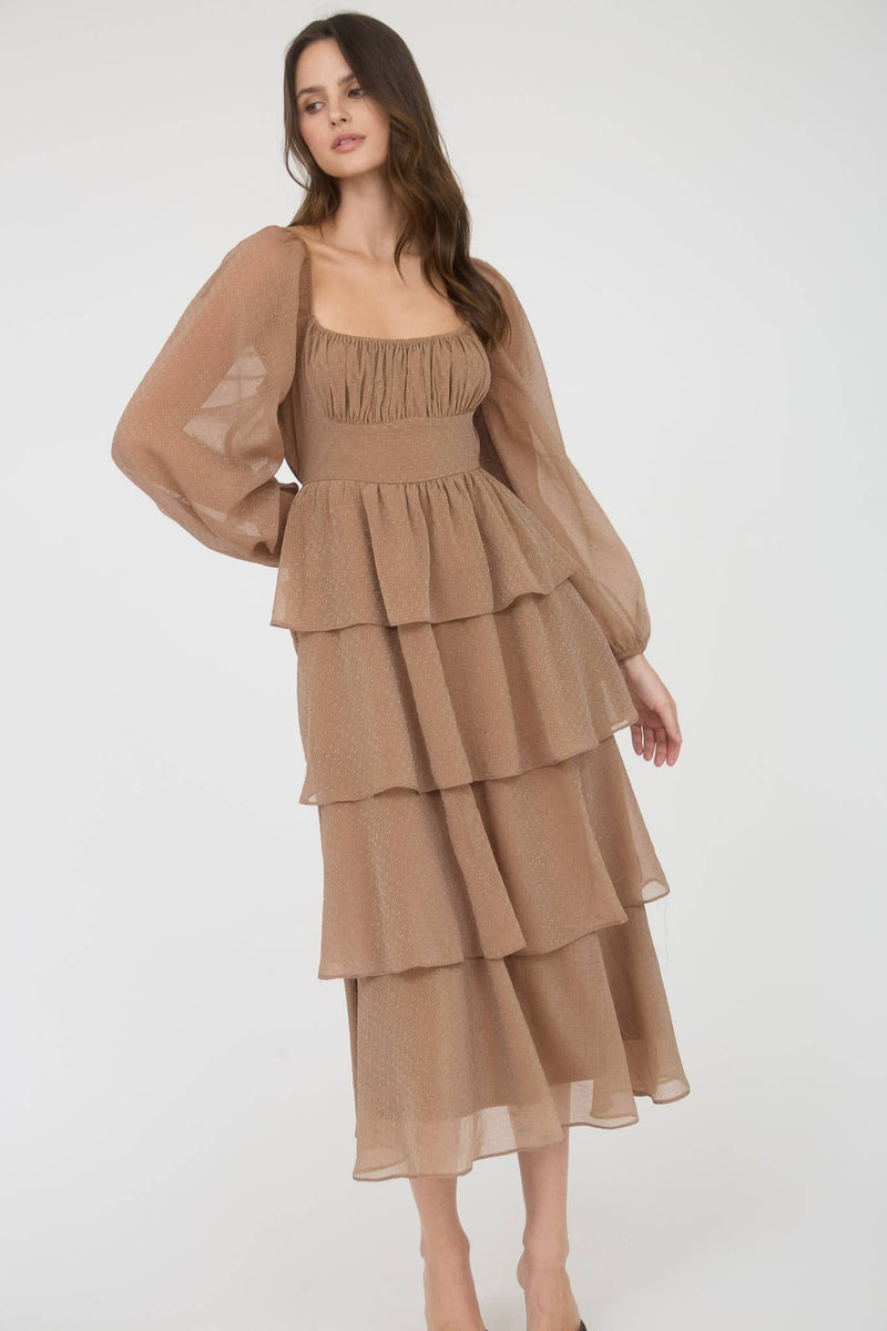 Long Sleeve Ruffle Tiered Midi Dress | Mocha