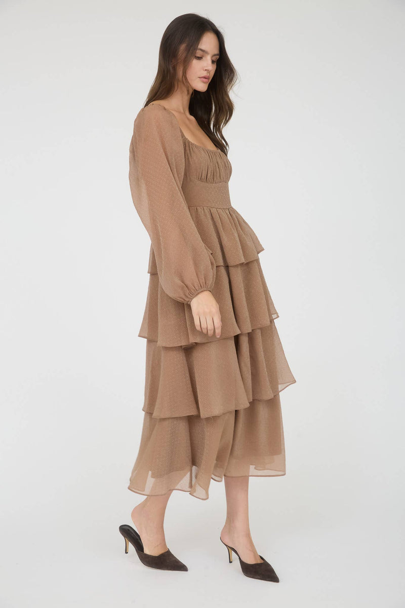 Long Sleeve Ruffle Tiered Midi Dress | Mocha