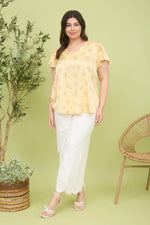 Curvy Floral Print V-Neck Scallop Satin Blouse | Yellow