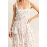 Ditsy Floral Print Smocked Tiered Dress | White