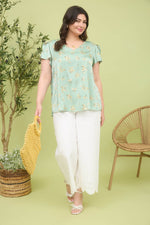 Curvy Floral Print V-Neck Scallop Satin Blouse | Dusty Mint