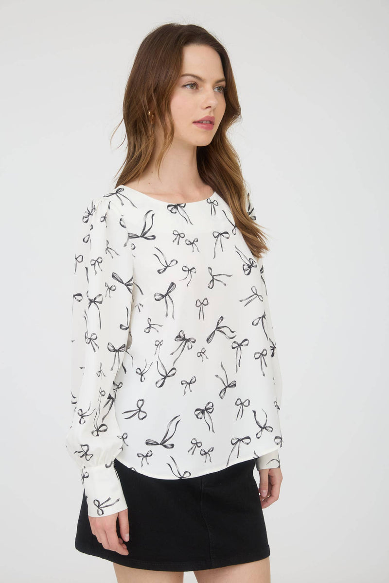 Bow Pattern Round Neck Long Sleeve Blouse | Cream