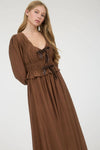 Velvet Bow Tie Long Sleeve Midi Dress | Brown