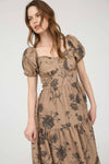 Textured Floral Sweetheart Neck Midi | Khaki