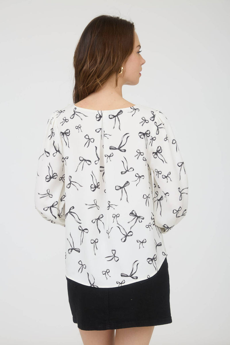 Bow Pattern Round Neck Long Sleeve Blouse | Cream