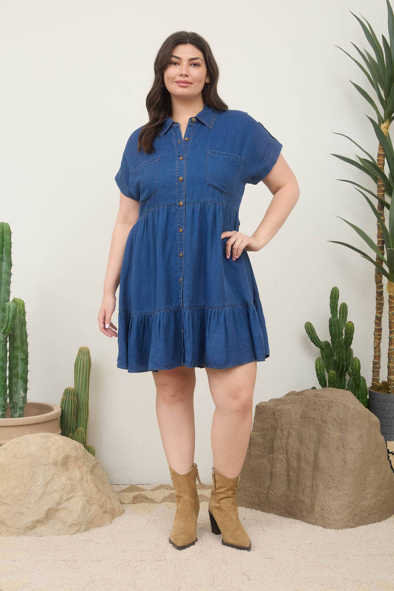 Curvy Dark Chambray Collared Button Down Shirt Dress