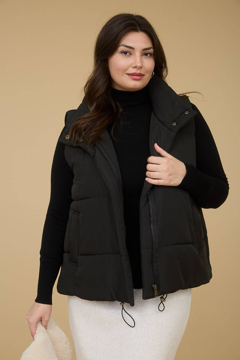 Curvy Solid Zip Up Puffer Vest | Black