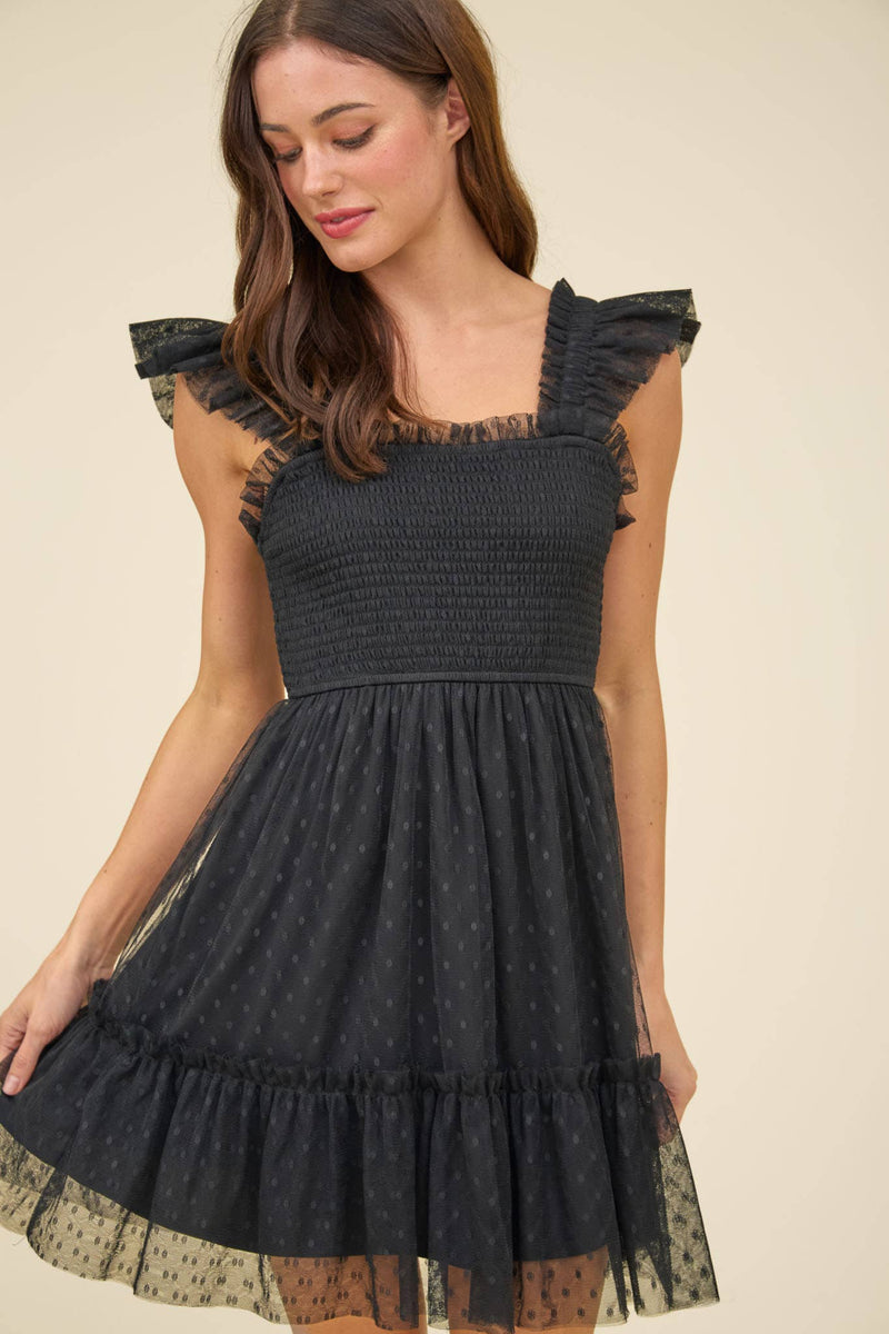 Garden Party Polka Dot Chiffon Tiered Mini Dress | Black