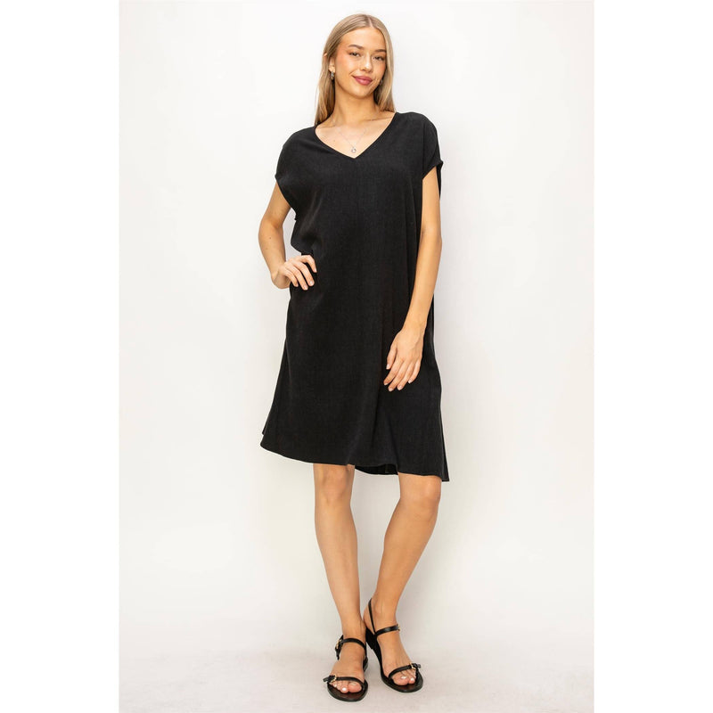 V-Neck Oversized Linen Midi Dress | Black