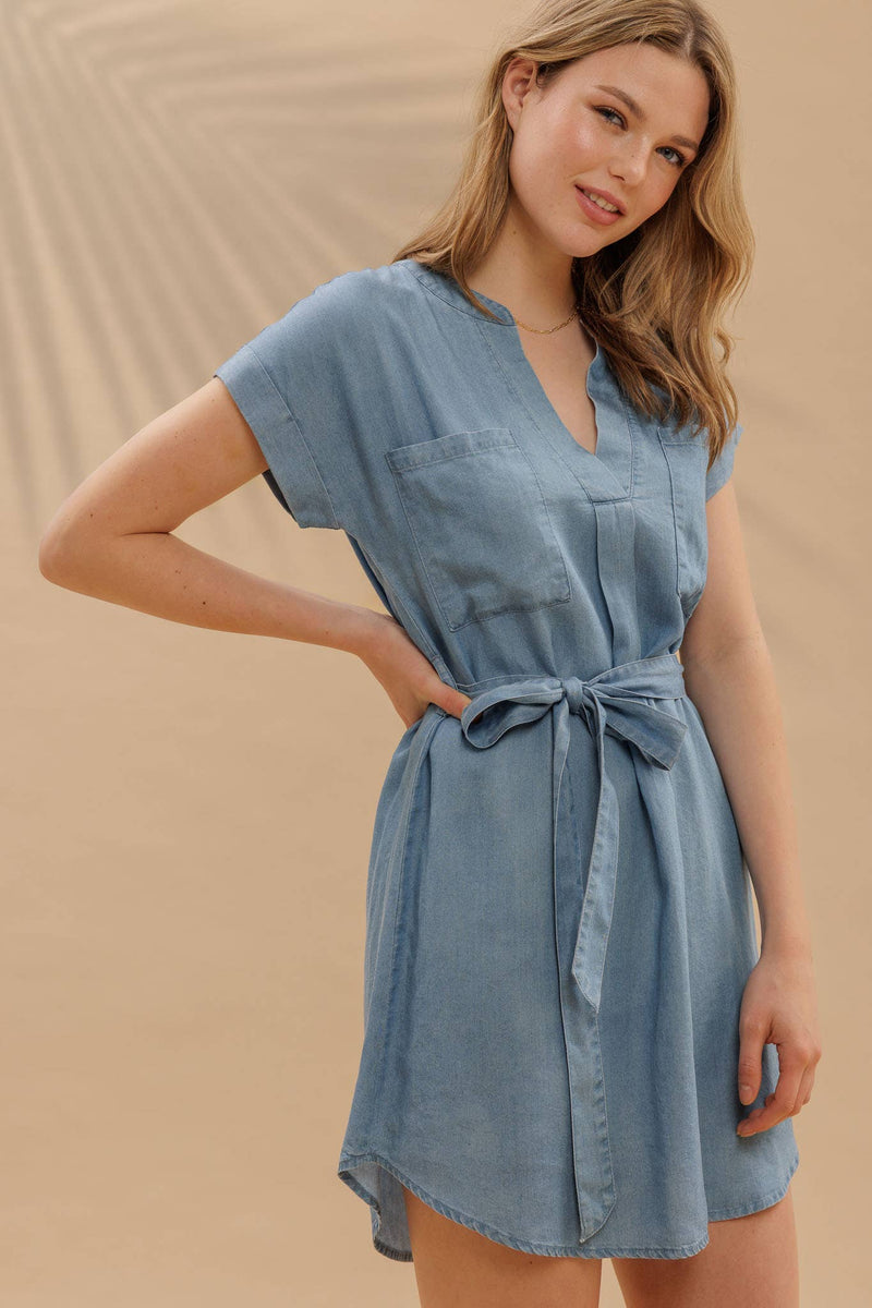 Belted Chambray Cuff Sleeve Shirt Dress