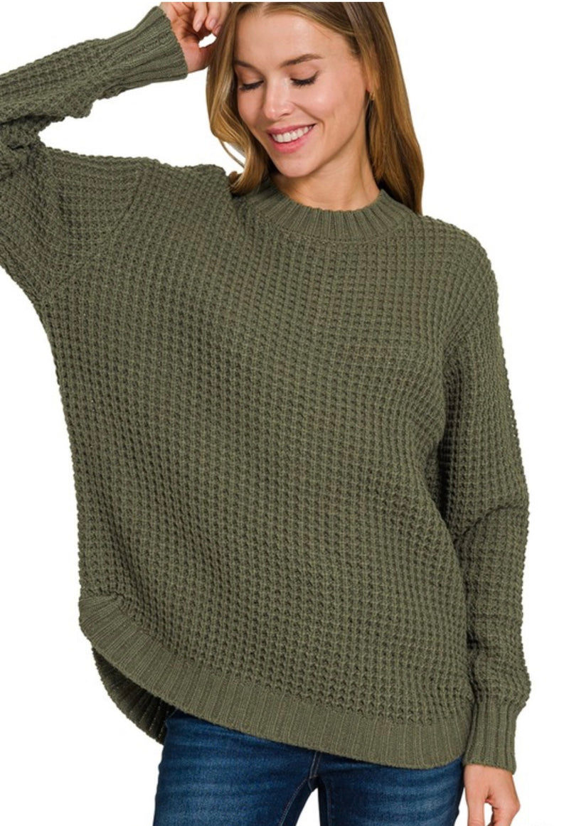 Chunky Waffle Sweater | Dk Olive