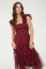 Garden Party Polka Dot Chiffon Tiered Midi Dress | Burgundy