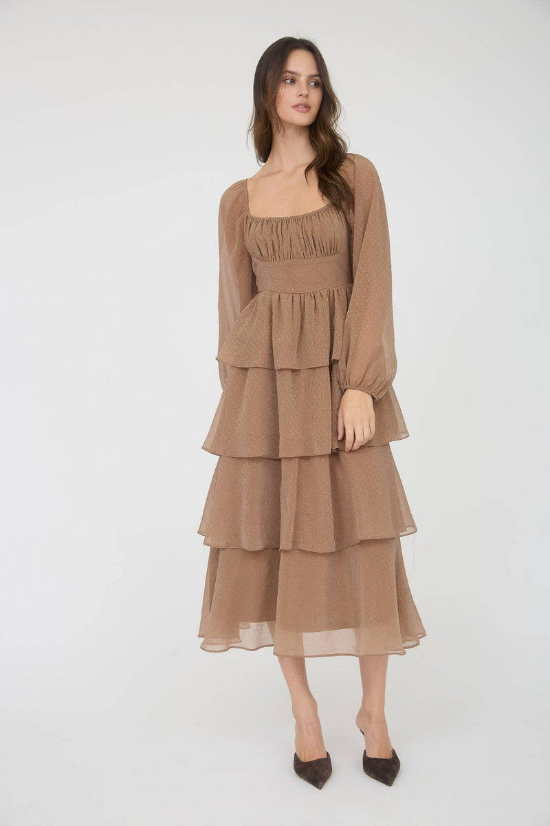 Long Sleeve Ruffle Tiered Midi Dress | Mocha