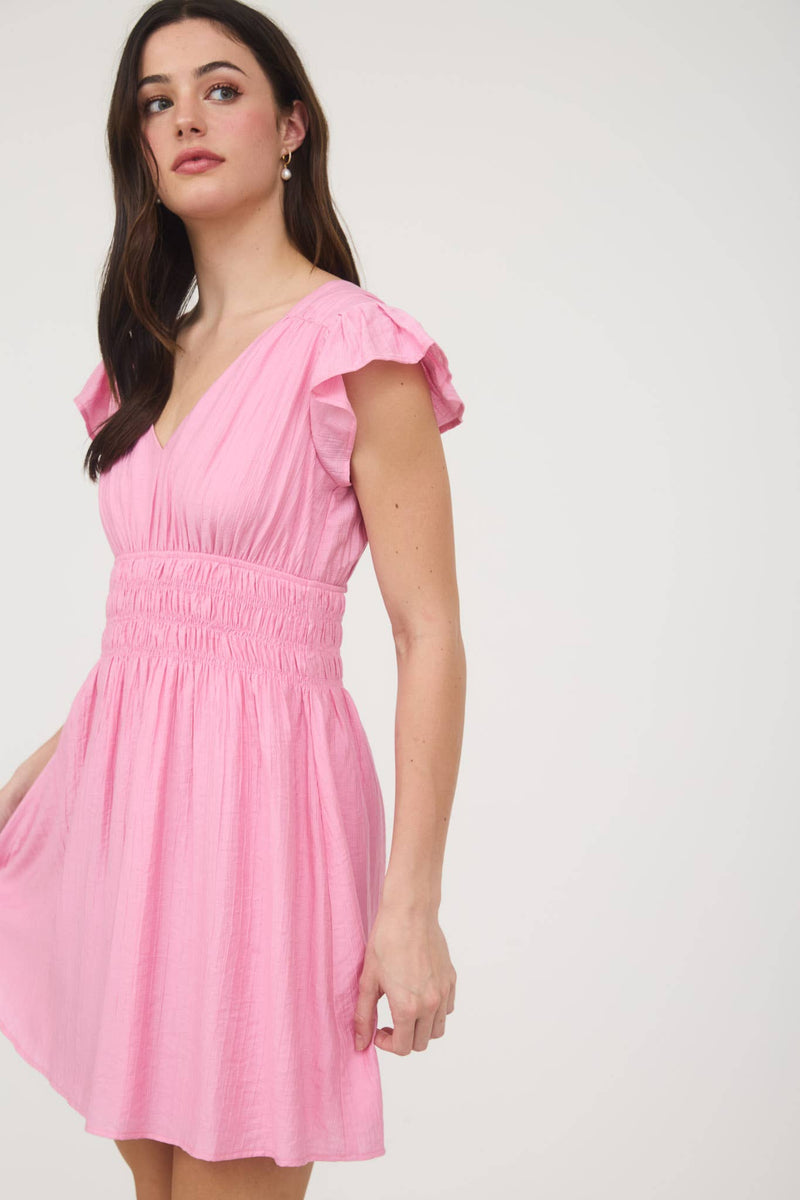 Josephina Shirred Waist Ruffle Sleeve Mini Dress | Pink